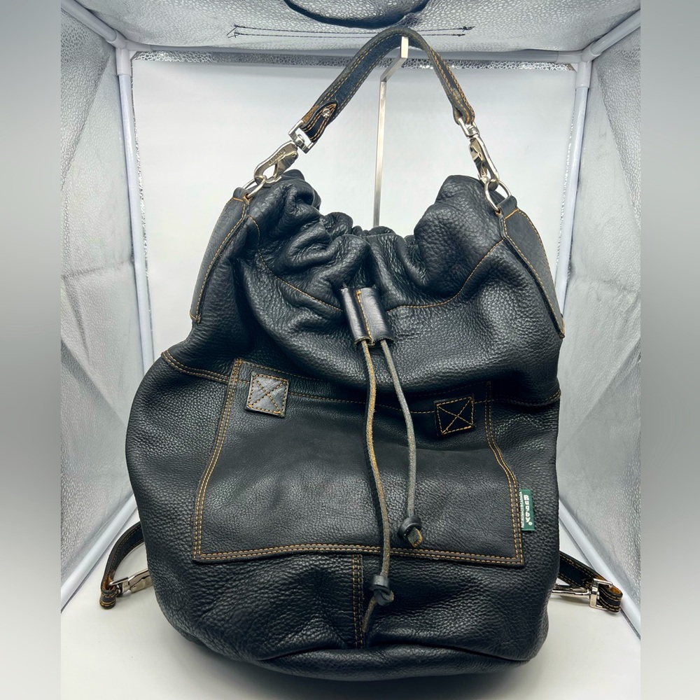 RUBGY (Now M0851) Vintage Black Thick Pebbled Leather Bucket Bag Unisex Backpack
